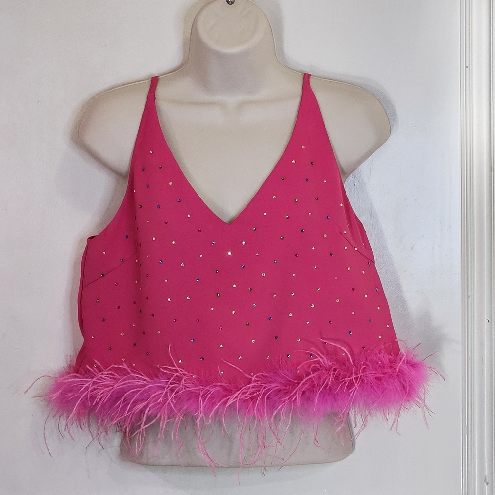 Blue b Collection Pink Rhinestone Embellished Faux Feather Trim Tank,Medium,NWT